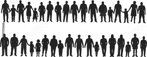 Silhouettes of families and individuals holding hands in two rows on white background people family