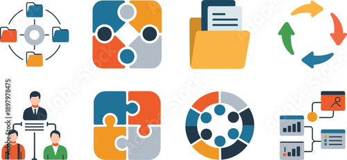 Business Workflow and Team Collaboration Icons Flat Vector Set