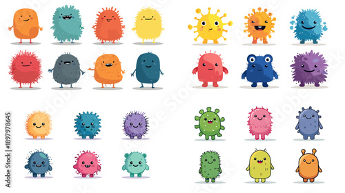 Cute colorful cartoon monster characters with rounded shapes and happy expressions. Friendly playful creatures perfect for kids stickers games education and creative illustration sets.
