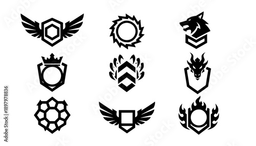 Set of 9 black vector mascot bases. Features wolf, dragon, flames, wings, and geometric shields. Ideal templates for gaming teams and military badges.