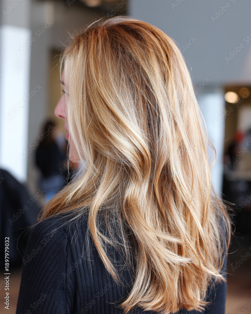 Naklejka premium Long blonde hair styled in loose waves at a salon during daytime with people in the background