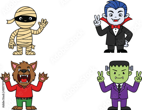 Cute cartoon Halloween monster characters set, mummy vampire werewolf frankenstein kids costume illustrations, colorful spooky mascots, isolated white background, vector