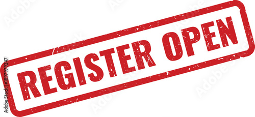 Red Register Open Rubber Stamp on White Background Indicating Forms Available for Enrollment