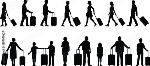 Silhouettes of people with luggage walking and standing on a white background suitcases travel