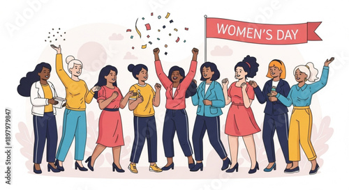 Diverse women celebrating women's day with confetti and banner symbolizing female empowerment and solidarity