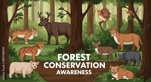 Forest conservation awareness illustration featuring various wild animals in natural habitat with trees and greenery