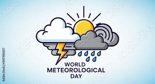World meteorological day illustration featuring sun clouds lightning and rain on a blue gradient background symbolizing weather conditions and atmospheric phenomena