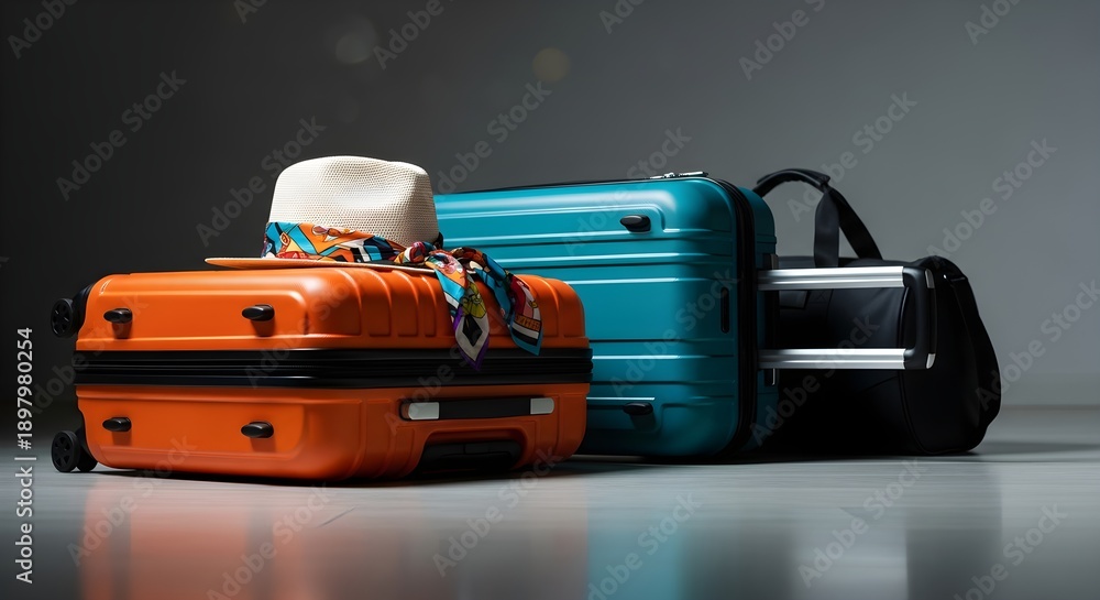 Naklejka premium Ready for Adventure Colorful Luggage Set with Hat and Scarf for Travel