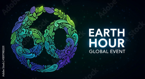 Earth hour global event logo with colorful floral design on dark background