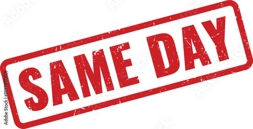 Red Same Day Rubber Stamp on White Background Indicating Immediate Delivery
