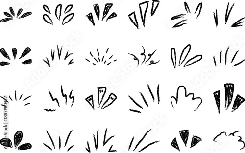 Comic Burst Doodles Collection with Hand Drawn Line Twinkle Effects, Chalk Style Sunburst Shapes