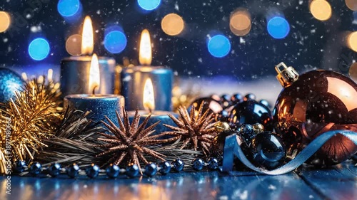 Wallpaper Mural A serene Christmas scene with candles, ornaments, and festive decor on a reflective surface surrounded by bokeh lights. Torontodigital.ca