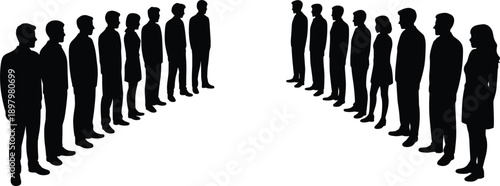 Silhouettes of two opposing lines of diverse people standing on a white background group
