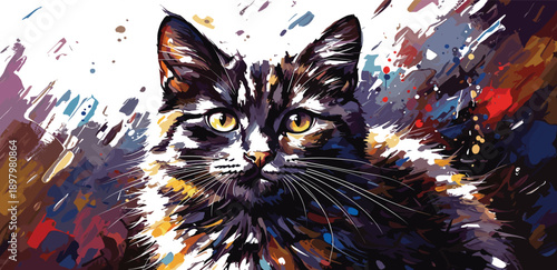 Close-up portrait of a fluffy cat with striking yellow eyes and abstract colorful background feline animal