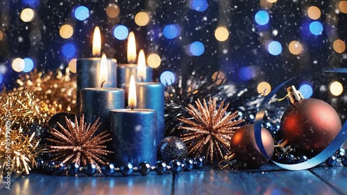 Wallpaper Mural Festive candles and ornaments on a wooden table with bokeh lights in the background Torontodigital.ca