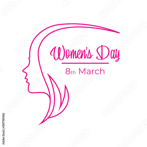 Women’s Day vector with pink female profile, flowing hair, elegant outline, and decorative “Women’s Day 8th March” text