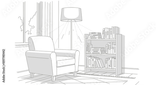 Simple line art illustration depicts a cozy reading nook featuring a comfortable armchair illuminated by a tall floor lamp next to a bookshelf.