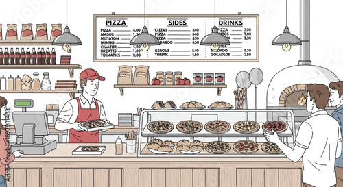 Friendly pizza shop employee handing a freshly made pizza in a box to a smiling customer waiting at the counter