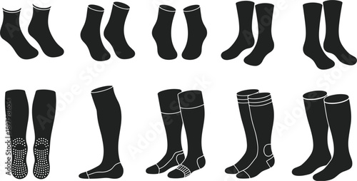 Various black sock designs and styles in silhouette on a white background socks footwear