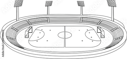Simple black and white line art drawing of an outdoor stadium designed for ice hockey or field hockey sport activities under bright stadium lights