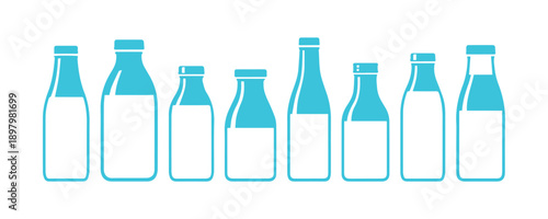 Collection of flat-style glass bottles containing isolated milk. Flat-style milk illustration vector.
