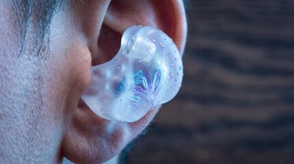 Visionary bio-hybrid earbud showpiece in transparent liquid glass inserted in ear, high-end wearable technology design prototype without logos