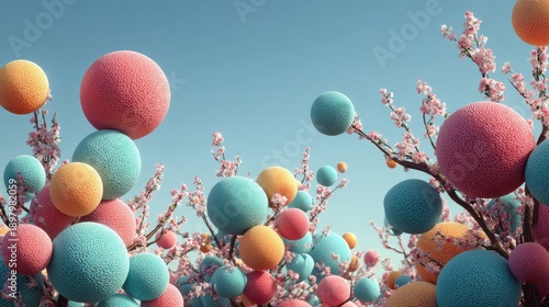 Spring Innovation Mood Background With Clean Aesthetic Featuring Colorful Spheres Among Blooming Flowers