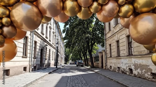Wallpaper Mural Golden ornaments framing a serene, cobblestone street scene with historic buildings and lush greenery Torontodigital.ca