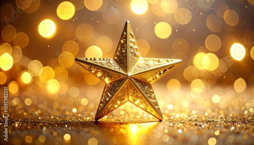 A Glittering Golden Star with Bokeh Lights.