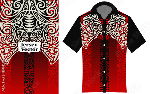 Red and Black Tribal Pattern Jersey Design, Polynesian Tribal Shirt Tattoo Style, Hawaiian, traditional, cultural dress, Samoan Maori People Of New Zealand, Tribal T-Shirt Design Feat Vector Print.