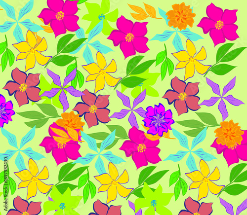 Colorful seamless floral pattern with yellow, pink, and purple flowers on green background