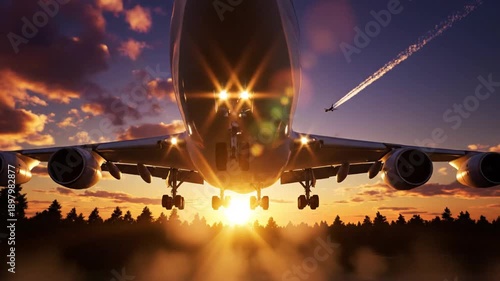 Wallpaper Mural Airplane flying low over trees at sunset with landing gear down and sunlight glare Torontodigital.ca