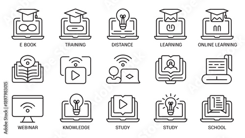 Black-and-white personalization icon set featuring online learning, study, and digital education.
