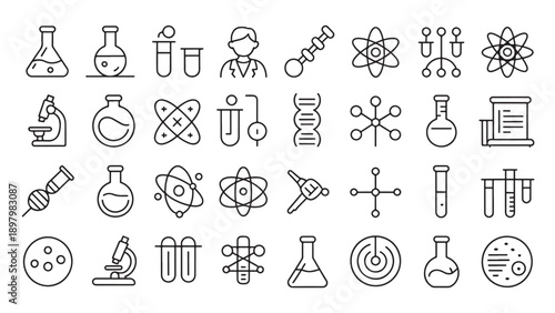 Black-and-white science icon set featuring lab tools, molecules, and research symbols.
