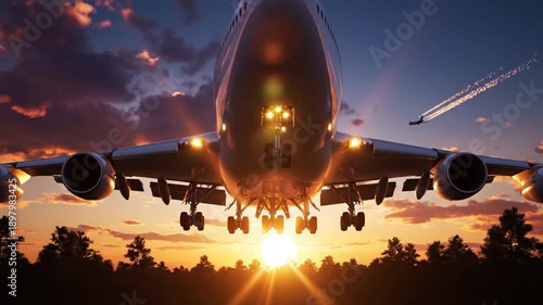 Wallpaper Mural Airplane landing at sunset with glowing lights approaching the runway from a low angle Torontodigital.ca