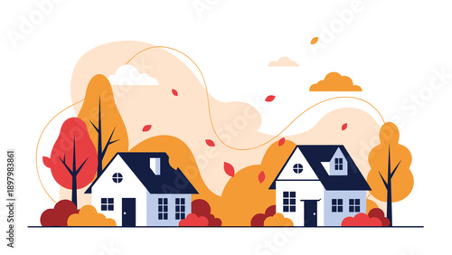 Peaceful neighborhood scene featuring two charming houses set against a backdrop of colorful autumn trees with falling leaves in the air.