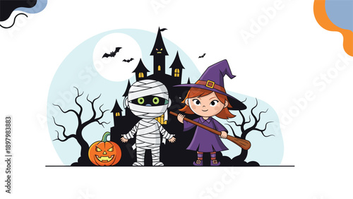 Two cute children dressed as a mummy and a witch standing in front of a spooky haunted house under a full moon for Halloween night.