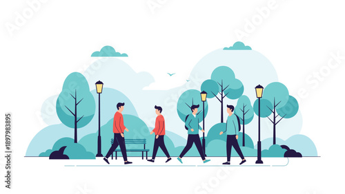 Modern flat illustration showing diverse groups of people walking and relaxing in a public city park with many trees and street lamps.
