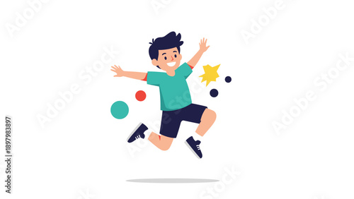 Cheerful young boy jumping high with excitement and joy surrounded by colorful abstract shapes on a clean white background.