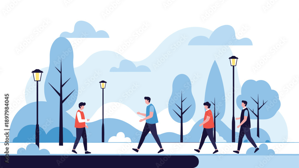 Obraz premium Clean and modern flat illustration of diverse people walking in a minimalist park styled in various shades of blue and white colors.