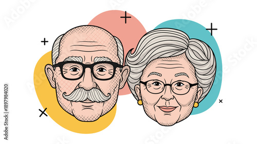 Friendly and charming cartoon portrait of an elderly man with a mustache and an elderly woman both wearing glasses and smiling together.