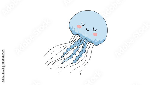 Adorable light blue jellyfish character with a happy smiling face and long wavy tentacles floating on a clean white background in a kawaii style.