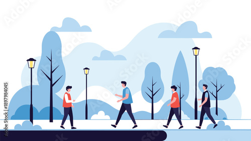 Clean and modern flat illustration of diverse people walking in a minimalist park styled in various shades of blue and white colors.