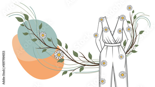 Stylish white long jumpsuit decorated with a colorful daisy flower pattern and set against a backdrop of leafy branches and abstract swirls.