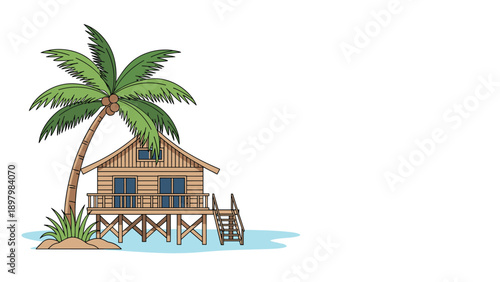 Tropical wooden beach bungalow on stilts situated next to a tall palm tree on a small sandy island against a white background.