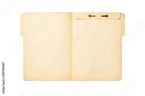 Open manila folder with string tie closure, blank worn document holder with empty pages, isolated