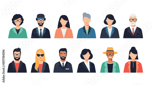 Collection of twelve diverse human avatars representing various ethnicities, ages, and professions in a clean flat illustration style.