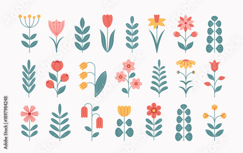Modern geometric flower icons set. Abstract floral design elements. Spring and summer blossoms, blooming plant branches, floral folk pattern. Perfect for poster, card Easter. Vector flat illustration.