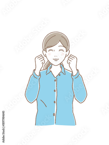 両手でガッツポーズをする幸せな若い女性、成功、勝利、達成感、ベクターイラスト (Happy young woman making a double fist pump gesture, success, victory, achievement, vector)