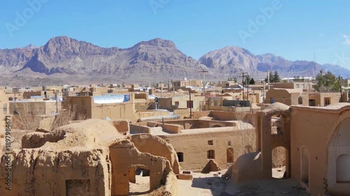 Panoramic view over the old city of Kharanaq, Yazd Province, Iran. Ancient Mud Brick Ghost Town of Kharanaq in Yazd